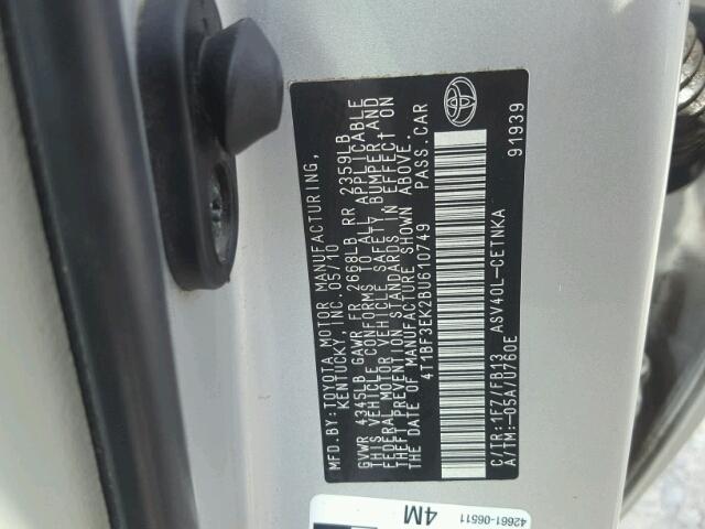 4T1BF3EK2BU610749 - 2011 TOYOTA CAMRY BASE SILVER photo 10