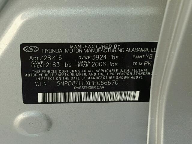 5NPD84LFXHH066670 - 2017 HYUNDAI ELANTRA SE GRAY photo 10