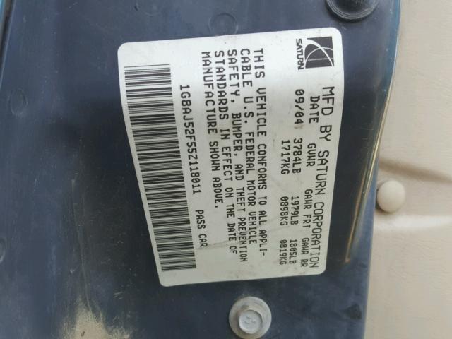 1G8AJ52F55Z118011 - 2005 SATURN ION LEVEL TEAL photo 10