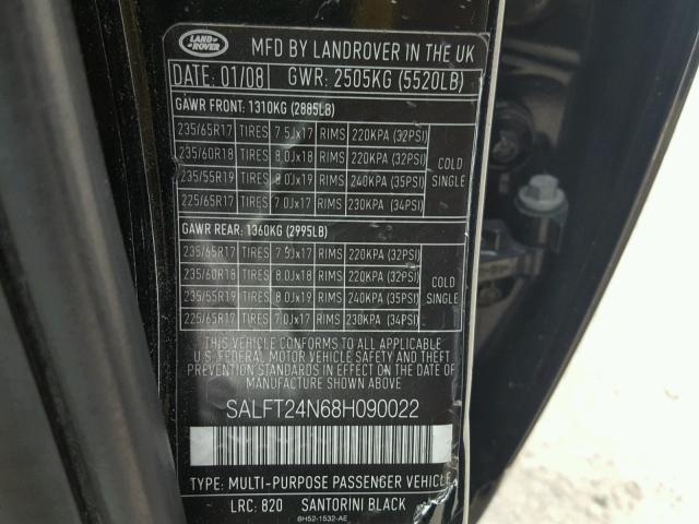 SALFT24N68H090022 - 2008 LAND ROVER LR2 HSE TE BLACK photo 10