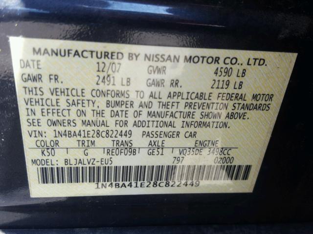 1N4BA41E28C822449 - 2008 NISSAN MAXIMA SE GRAY photo 10