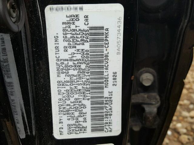 4T1BE32K14U265000 - 2004 TOYOTA CAMRY LE BLACK photo 10