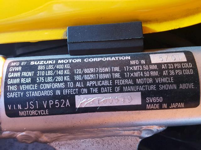 JS1VP52A722100649 - 2002 SUZUKI SV650 S YELLOW photo 10