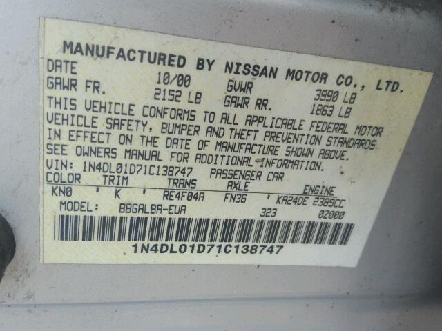 1N4DL01D71C138747 - 2001 NISSAN ALTIMA XE SILVER photo 10