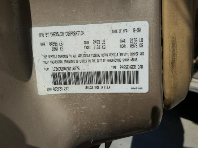 1C3XC66R4MD118778 - 1991 CHRYSLER NEW YORKER 米色 照片 10