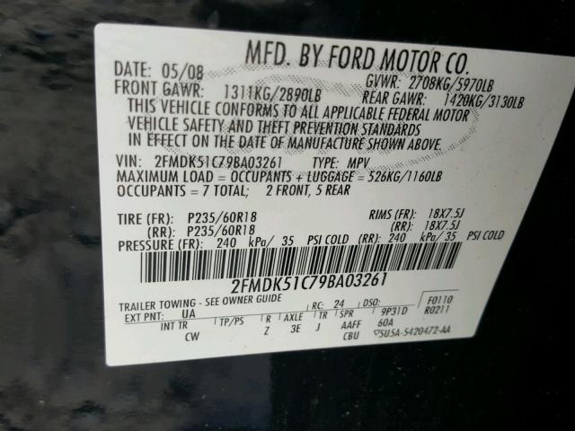 2FMDK51C79BA03261 - 2009 FORD FLEX SE BLACK photo 10