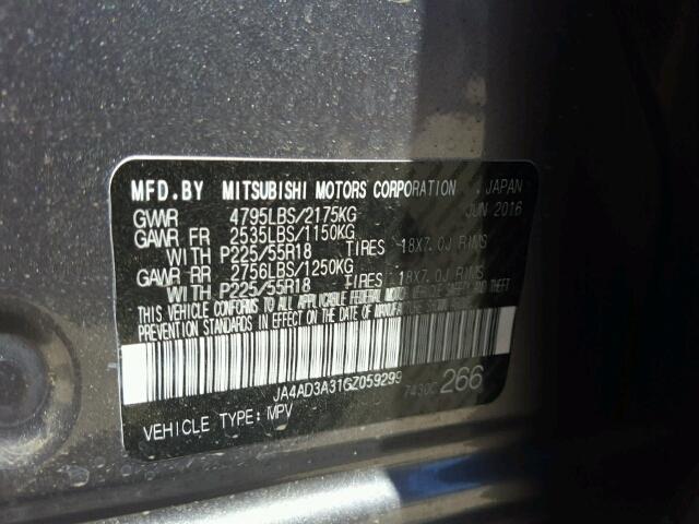 JA4AD3A31GZ059299 - 2016 MITSUBISHI OUTLANDER GRAY photo 10