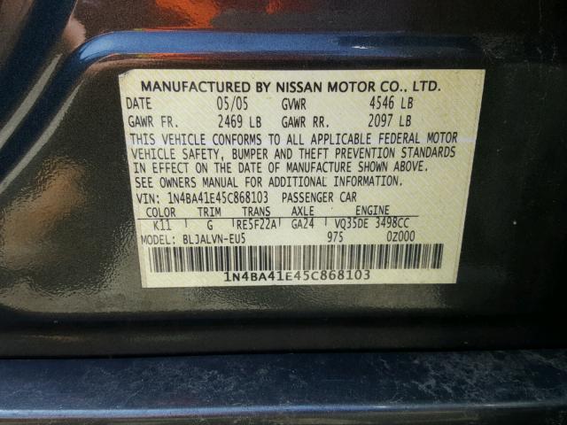 1N4BA41E45C868103 - 2005 NISSAN MAXIMA SE GRAY photo 10