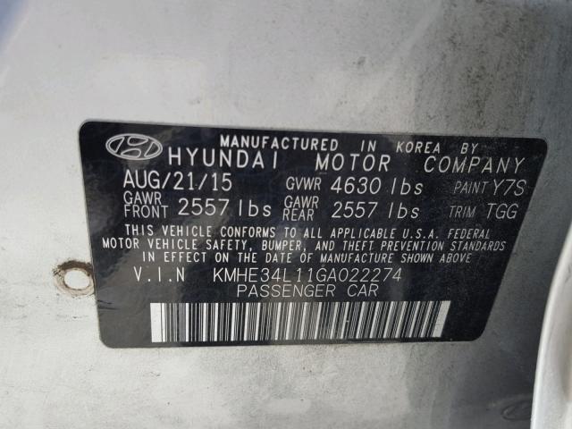 KMHE34L11GA022274 - 2016 HYUNDAI SONATA HYB SILVER photo 10