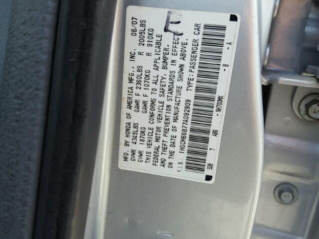 1HGCM66877A092909 - 2007 HONDA ACCORD EX SILVER photo 10