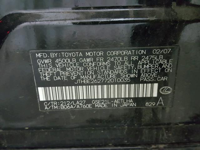 JTHBE262772010035 - 2007 LEXUS IS 350 BLACK photo 10