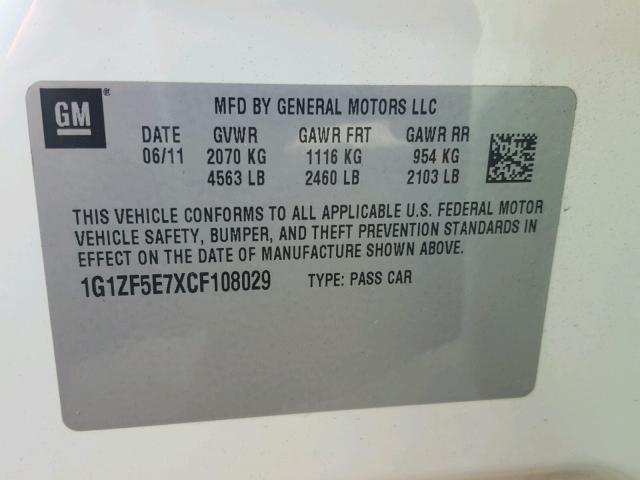 1G1ZF5E7XCF108029 - 2012 CHEVROLET MALIBU 3LT Beyaz fotoğraf 10