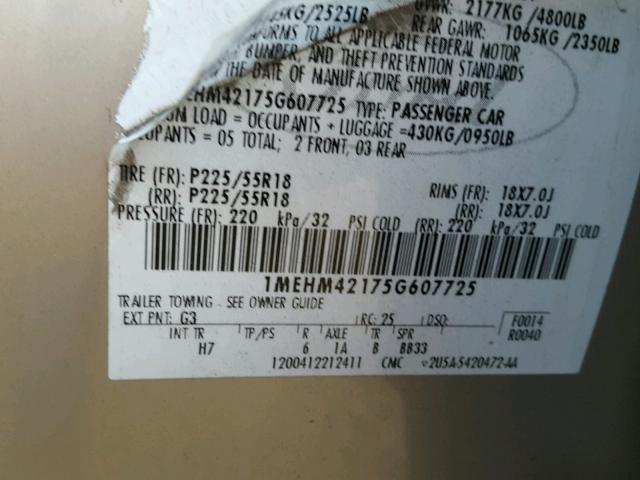 1MEHM42175G607725 - 2005 MERCURY MONTEGO PR 金色 照片 10