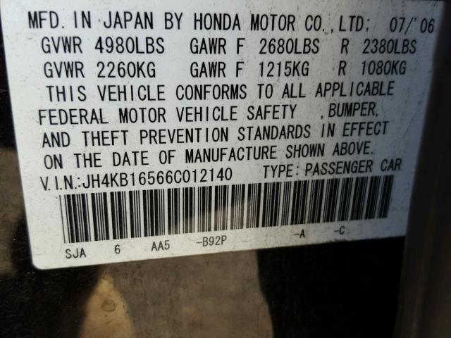 JH4KB16566C012140 - 2006 ACURA RL შავი ფოტო 10