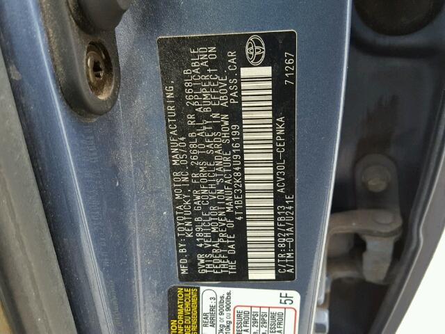 4T1BE32K84U916199 - 2004 TOYOTA CAMRY LE BLUE photo 10