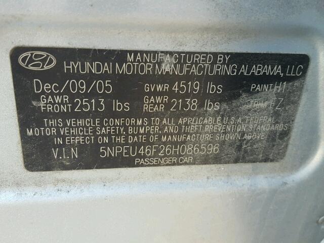 5NPEU46F26H086596 - 2006 HYUNDAI SONATA GLS SILVER photo 10