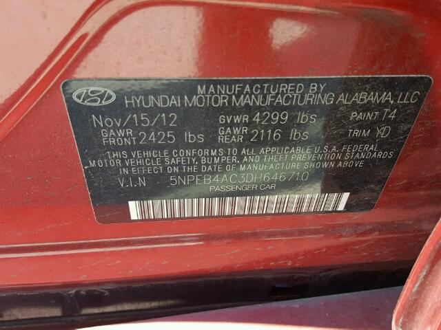 5NPEB4AC3DH646710 - 2013 HYUNDAI SONATA MAROON photo 10