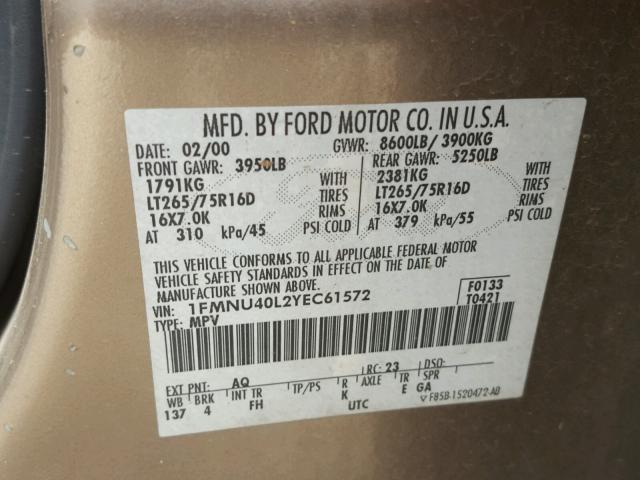 1FMNU40L2YEC61572 - 2000 FORD EXCURSION GOLD photo 10