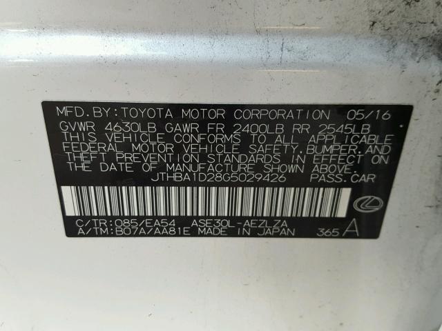 JTHBA1D28G5029426 - 2016 LEXUS IS 200T WHITE photo 10