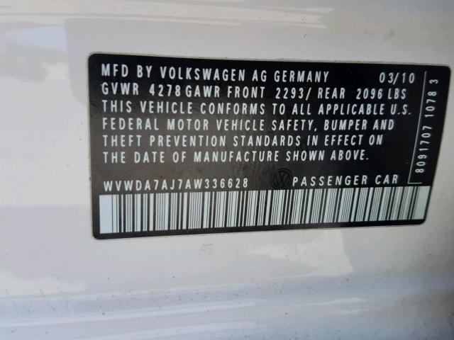 WVWDA7AJ7AW336628 - 2010 VOLKSWAGEN GOLF WHITE photo 10