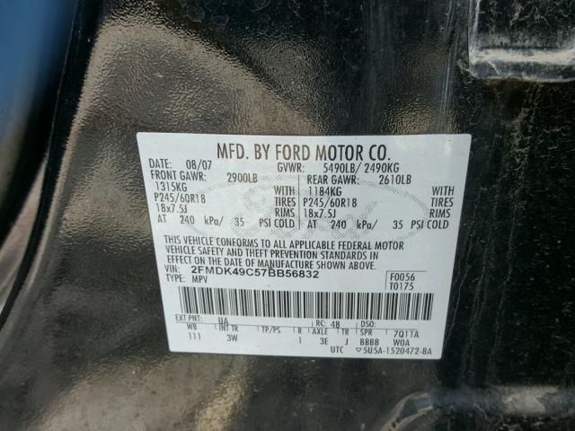 2FMDK49C57BB56832 - 2007 FORD EDGE SEL P BLACK photo 10