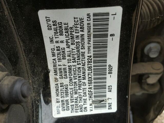 1HGFA168X7L067824 - 2007 HONDA CIVIC EX Qara foto 10