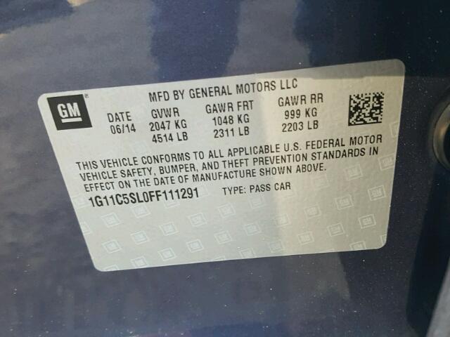 1G11C5SL0FF111291 - 2015 CHEVROLET MALIBU 1LT 蓝色 照片 10