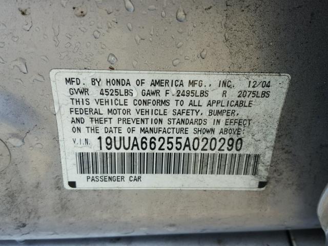 19UUA66255A020290 - 2005 ACURA TL SILVER photo 10