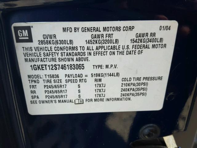 1GKET12S746183065 - 2004 GMC ENVOY XUV BLUE photo 10