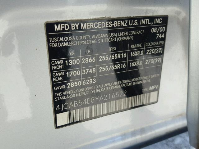 4JGAB54E8YA216522 - 2000 MERCEDES-BENZ ML320 SILVER photo 10