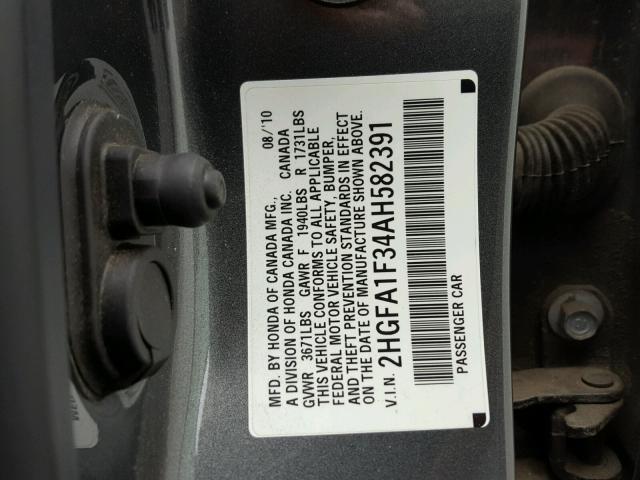 2HGFA1F34AH582391 - 2010 HONDA CIVIC VP GRAY photo 10