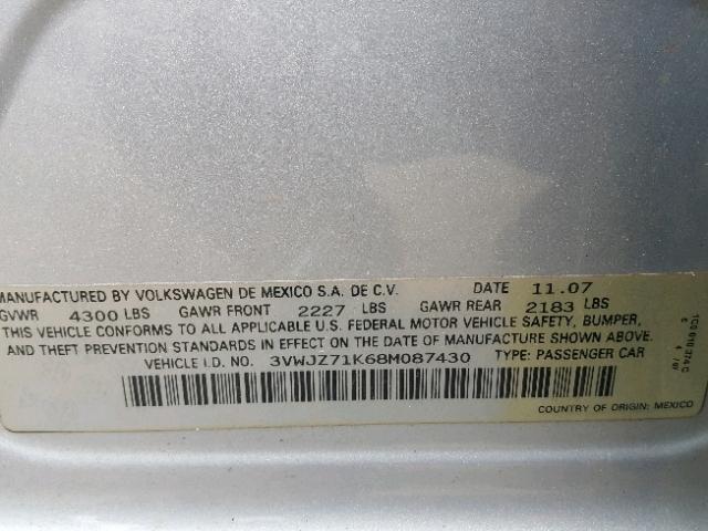 3VWJZ71K68M087430 - 2008 VOLKSWAGEN JETTA S 银色 照片 10