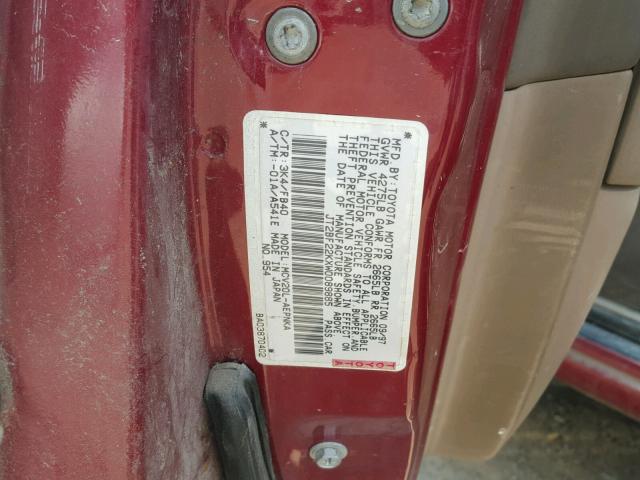 JT2BF22KXW0089885 - 1998 TOYOTA CAMRY CE BURGUNDY photo 10