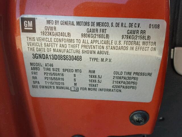 3GNDA13D08S630468 - 2008 CHEVROLET HHR LS ORANGE photo 10