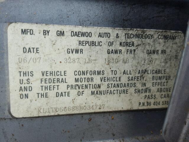 KL1TD66688B034727 - 2008 CHEVROLET AVEO BASE Niebieski zdjęcie 10