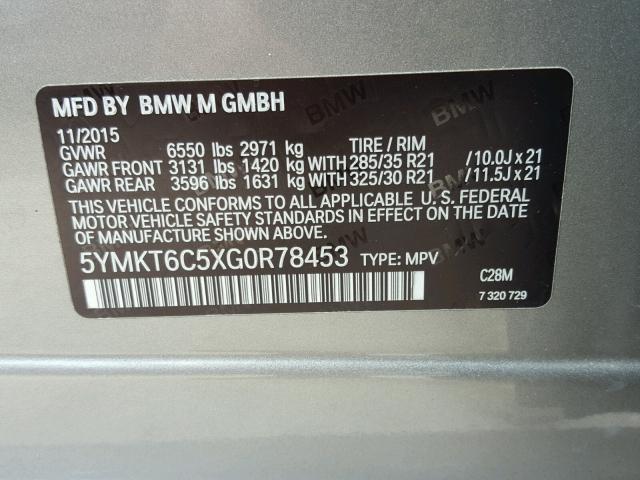 5YMKT6C5XG0R78453 - 2016 BMW X5 M GRAY photo 10