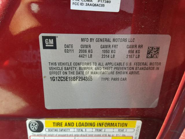 1G1ZC5E18BF294365 - 2011 CHEVROLET MALIBU 1LT 红色 照片 10