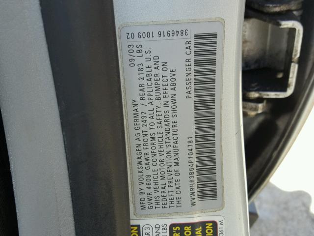 WVWRH63B64P104781 - 2004 VOLKSWAGEN PASSAT GLX 银色 照片 10