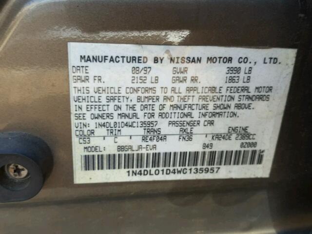 1N4DL01D4WC135957 - 1998 NISSAN ALTIMA XE GOLD photo 10