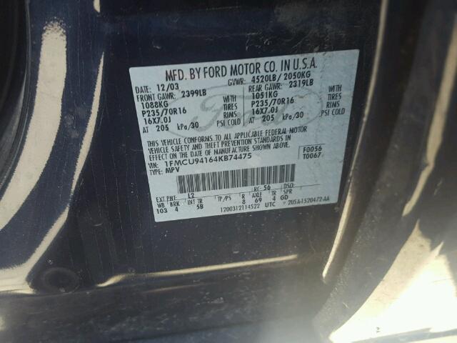 1FMCU94164KB74475 - 2004 FORD ESCAPE LIM BLUE photo 10