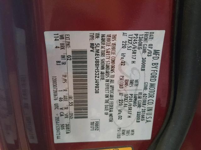 5LMEU88H53ZJ49838 - 2003 LINCOLN AVIATOR 红色 照片 10