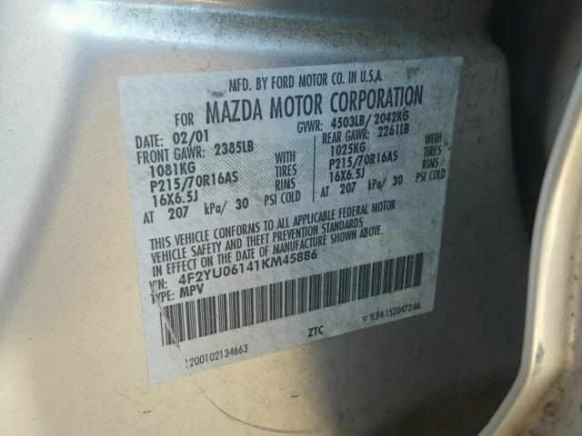 4F2YU06141KM45886 - 2001 MAZDA TRIBUTE DX 银色 照片 10