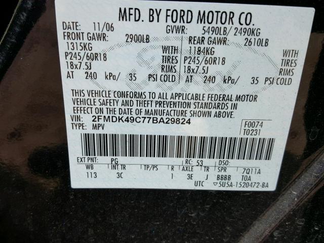 2FMDK49C77BA29824 - 2007 FORD EDGE SEL P PURPLE photo 10