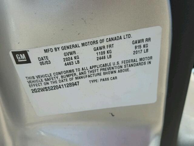 2G2WS522041128947 - 2004 PONTIAC GRAND PRIX SILVER photo 10