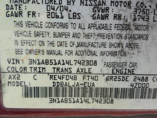 3N1AB51A14L742308 - 2004 NISSAN SENTRA 2.5 RED photo 10