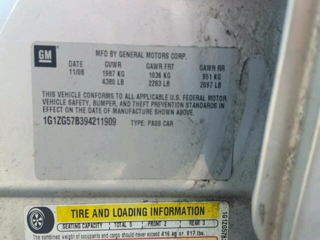 1G1ZG57B394211909 - 2009 CHEVROLET MALIBU LS 银色 照片 10