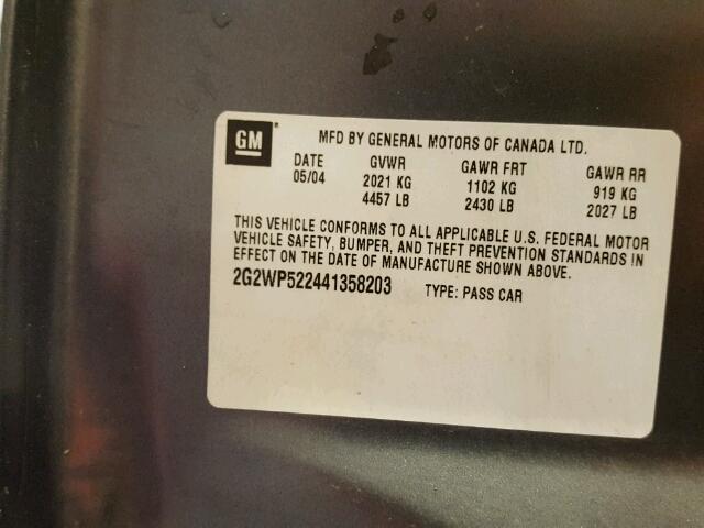 2G2WP522441358203 - 2004 PONTIAC GRAND PRIX GRAY photo 10