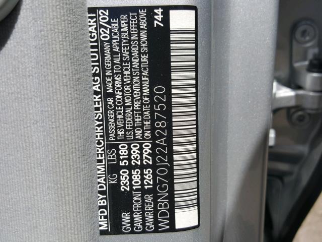 WDBNG70J22A287520 - 2002 MERCEDES-BENZ S 430 SILVER photo 10