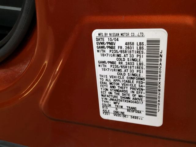 JN8AZ08TX5W304017 - 2005 NISSAN MURANO SL ORANGE photo 10