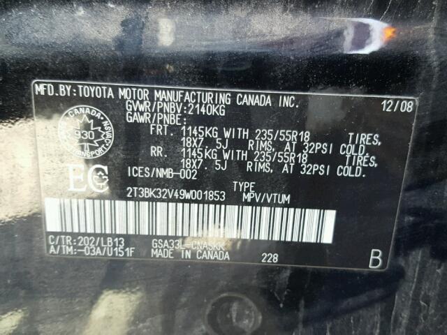 2T3BK32V49W001853 - 2009 TOYOTA RAV4 SPORT BLACK photo 10